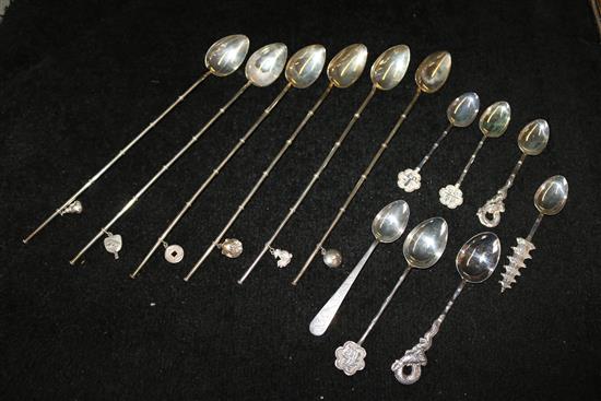 Six Chinese silver straw spoons and eight Hong Kong silver coffee spoons